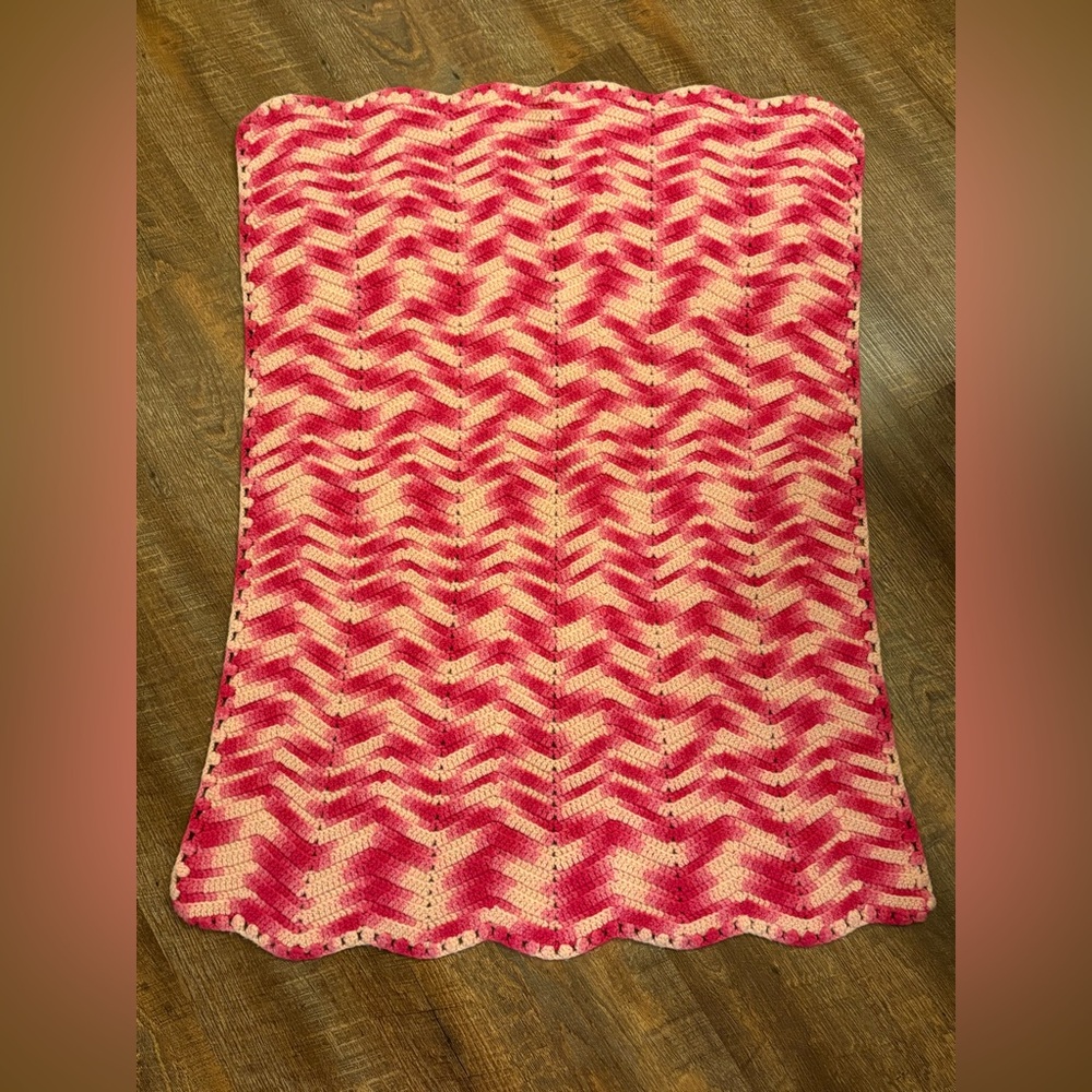 Hand Crocheted Pink & White Baby Blanket | 30" x 39"